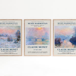 Lot de 3 estampes, oeuvre d'art murale de la galerie Claude Monet, célèbre affiche de peinture de la nature, pont de Charing Cross, déco de jardin rose bleu, cadeau de printemps pour fille