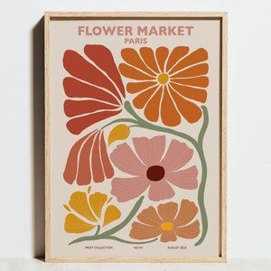 Impression marché aux fleurs, art mural rose, affiche de voyage à Paris, décoration florale bohème, pavot abstrait orange corail, salon moderne printemps, cadeau de mariage image 1