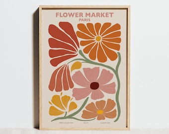 Impression marché aux fleurs, art mural rose, affiche de voyage à Paris, décoration florale bohème, pavot abstrait orange corail, salon moderne printemps, cadeau de mariage