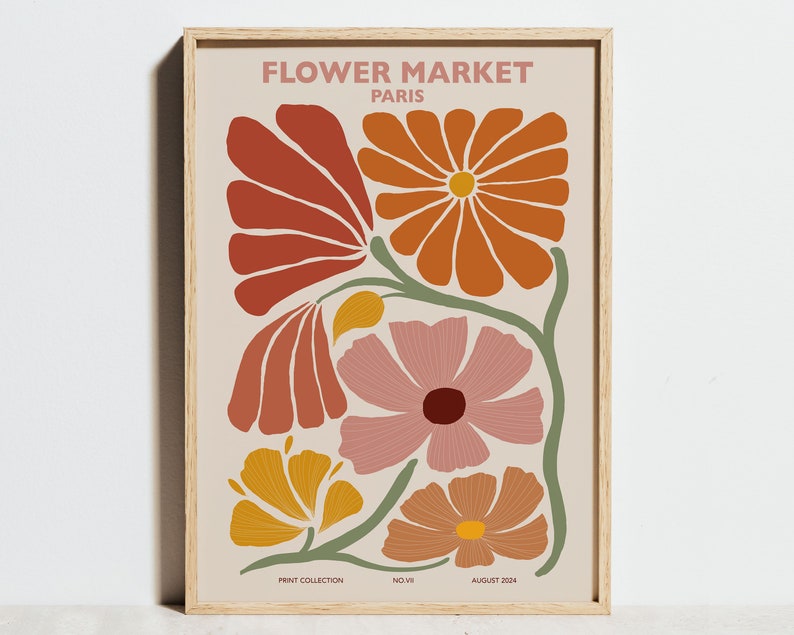 Impression marché aux fleurs, art mural rose, affiche de voyage à Paris, décoration florale bohème, pavot abstrait orange corail, salon moderne printemps, cadeau de mariage image 1