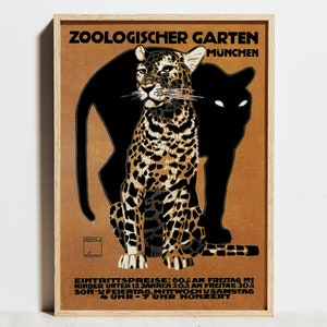 Vintage Leopard Print, Zoologischer Garten München Poster, Black Panther Brown Orange Wall Art Decor,Retro Animal,Birthday Wedding Gift Idea