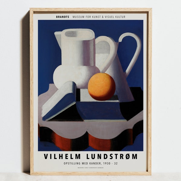 Vilhelm Lundstrom Druck, Ausstellungsplakat, Stillleben Geometrisch Blau Orange Wandkunst, Bauhaus Modernes Abstraktes skandinavisches Dekor, Geschenkidee