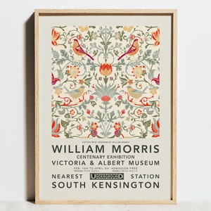 William Morris Print Bird Exhibition Poster, Vintage Floral Art Nouveau Beige Orange Modern Wall Decor, Fiori botanici, Idea regalo di compleanno