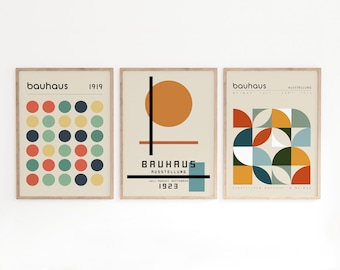 Set of 3 Bauhaus Print, Gallery Wall Art, Exhibition Poster, Geometric Circle Dot, Mid Century Modern, Boho Abstract Orange Decor, Gift Idea