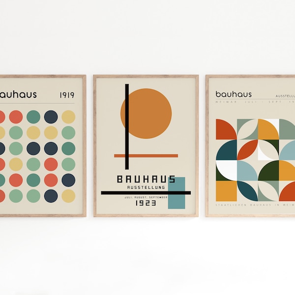 Set di 3 stampe Bauhaus, arte da parete della galleria, poster della mostra, punto circolare geometrico, moderno di metà secolo, arredamento arancione astratto Boho, idea regalo