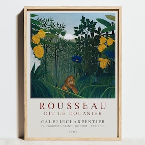 Henri Rousseau Druck, Die Mahlzeit des Löwes, Ausstellungsplakat, grüner Dschungelwald-tropisches Blatt, botanische Weinlese-Wandkunst, Männergeschenkidee