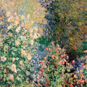 Peut inclure: Une peinture repr&eacute;sentant un jardin avec une vari&eacute;t&eacute; de fleurs dans des tons de rose, blanc et jaune. Les fleurs sont entour&eacute;es d'un feuillage vert et d'un &eacute;tang bleu en arri&egrave;re-plan.
