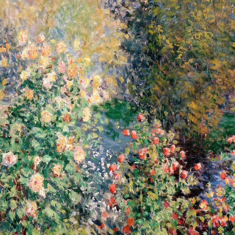 Peut inclure: Une peinture repr&eacute;sentant un jardin avec une vari&eacute;t&eacute; de fleurs dans des tons de rose, blanc et jaune. Les fleurs sont entour&eacute;es d'un feuillage vert et d'un &eacute;tang bleu en arri&egrave;re-plan.