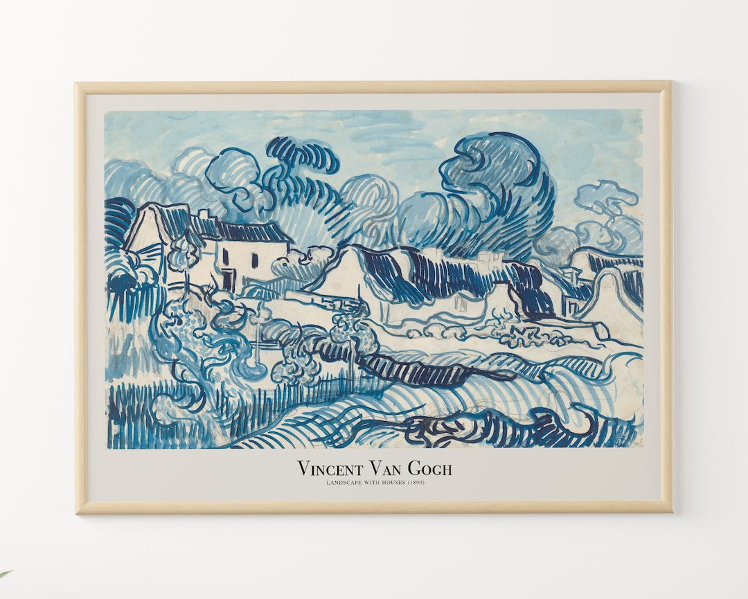 Van Gogh Print, Landscape With Houses Poster, Vintage Blue
