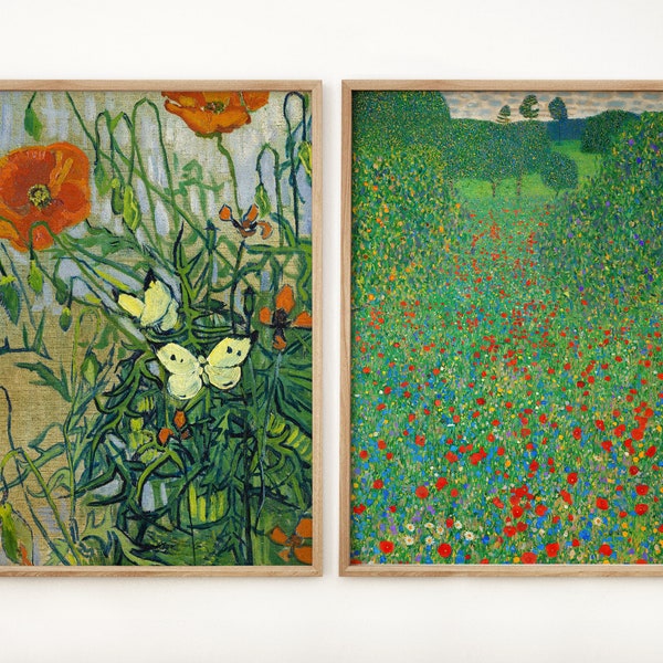 Lot de 2 oeuvres d'art murales, Van Gogh, impression Klimt, papillon, champ de coquelicots, décoration de jardin printanière vintage, peinture florale verte, idée cadeau pour elle