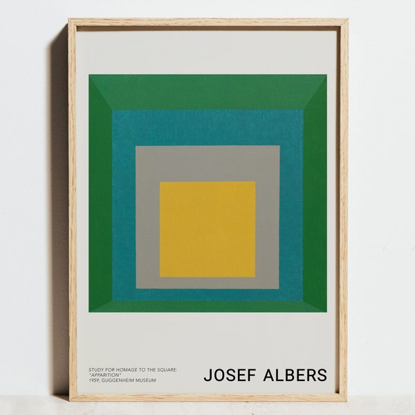 Josef Albers Print, Yellow Green Wall Art, Exhibition Poster Minimalist Abstract Geometric Decor, Modern Bauhaus Cube Square, Birthday Gift