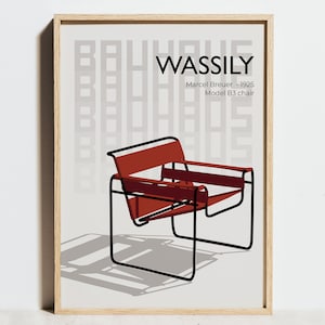 Bauhaus-Druck, Wassily Stuhl Ausstellungsplakat, rote geometrische moderne Wandkunst, minimalistisches abstraktes Design Wohnzimmerdekor, Mann Geschenkidee