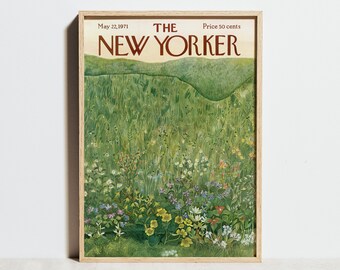 De New Yorker Cover Print, bloemenmarkt poster, wilde tuin, bloemenveld, groen retro decor, vintage lente zomer kunst aan de muur, cadeau idee