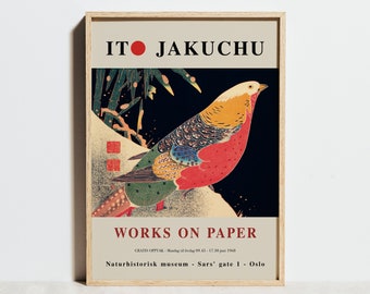 May include: A poster advertising an exhibition of works on paper by Japanese artist Ito Jakuchu. The poster features a colorful painting of a pheasant against a black background. The text on the poster reads "ITO JAKUCHU WORKS ON PAPER" and includes the exhibition dates and location: "GRATIS OPPTAK - Mandag til fredag 09.45 - 17.30 juni 1968 Naturhistorisk museum - Sars' gate 1 - Oslo"