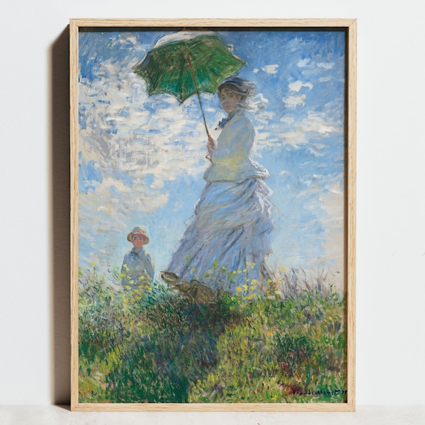 Claude Monet Print, Madame Monet and Her Son Poster, woman with a Parasol, Famous Painting Blue Wall Decor, Impressionism Art, Gift for Her