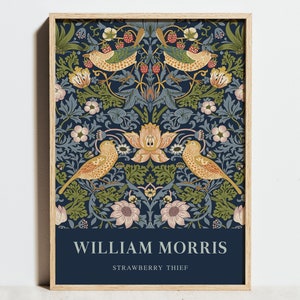 William Morris Print Erdbeerdieb Poster, Vintage Vogel Floral Jugendstil Wanddekor, Dark Navy Blue Botanischer Garten, Hochzeit Geschenkidee