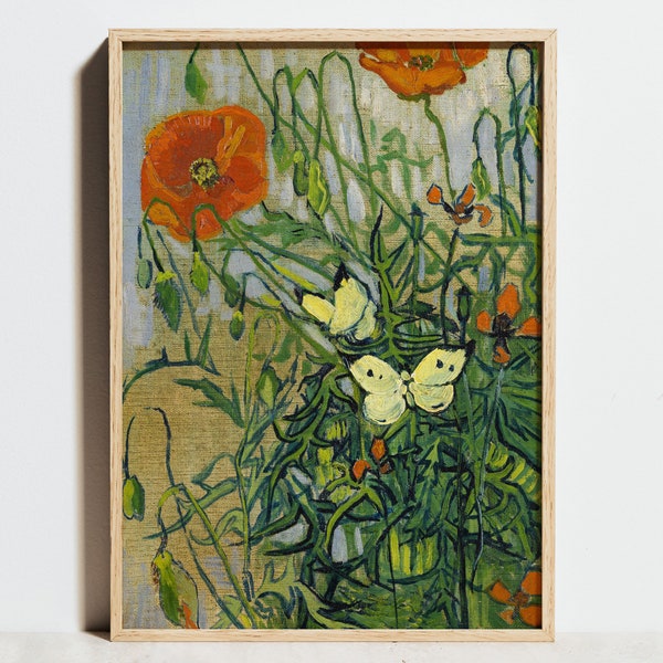 Van Gogh Butterflies and Poppies, Classic Flower Painting Poster, Vintage Floral Wall Art, Sage Green Orange Garden Decor, Girl Gift Idea