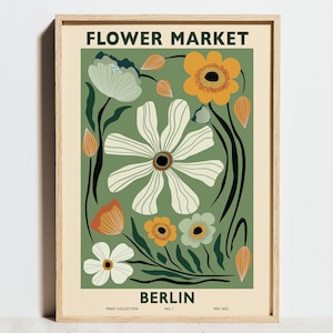 Blumenmarkt Print, Berlin Ausstellungsplakat, Florale Wandkunst, Vintage Sage Grünes Dekor, Moderne Abstrakte Flache Blumen Skizze, Geburtstagsgeschenk