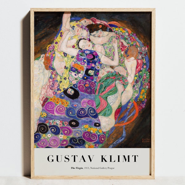 Gustav Klimt Print, Die Jungfrau 1913 Ausstellungsplakat, Vintage Dekor, Lila Blau Wandkunst, Klimt Gemälde, Jugendstil, Geschenkidee Hochzeit