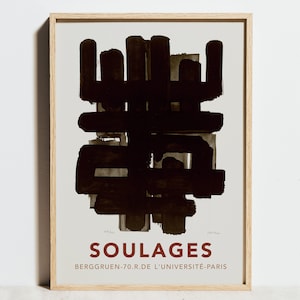 Soulages Print, Lithographie Ausstellungsplakat, Schwarz-Weiße Wandkunst, Modernes minimalistisches skandinavisches abstraktes Malereidekor, Geburtstagsgeschenk