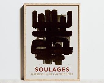 Soulages Print, Lithographie Exhibition Poster, Black White Wall Art, Modern Minimalist Scandinavian Abstract Painting Decor, Birthday Gift