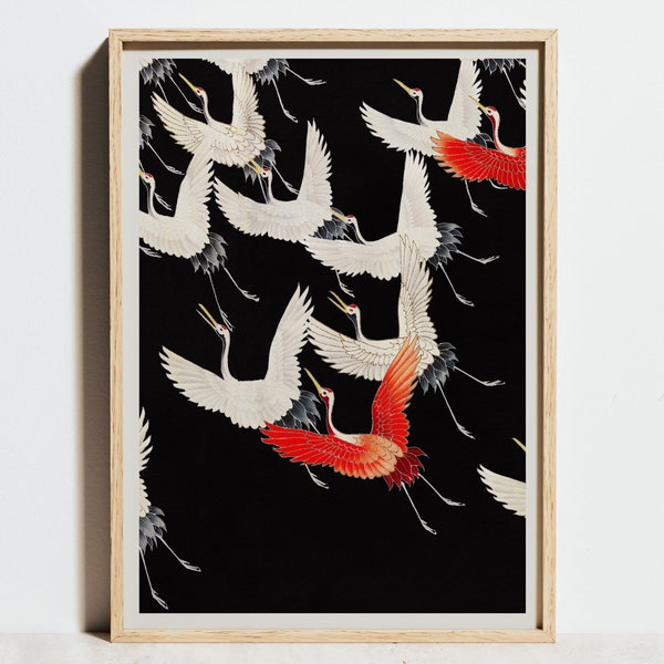 Impression d'art japonais, Furisode avec une myriade de grues volantes, motif d'oiseaux rouges blancs noirs, affiche de gravure sur bois, art mural vintage, décor Ukiyo-e