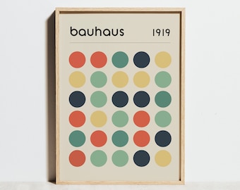 Affiche d'exposition Bauhaus, décor géométrique de points de cercle, art mural abstrait minimaliste, impression vintage moderne du milieu du siècle, idée cadeau scandinave