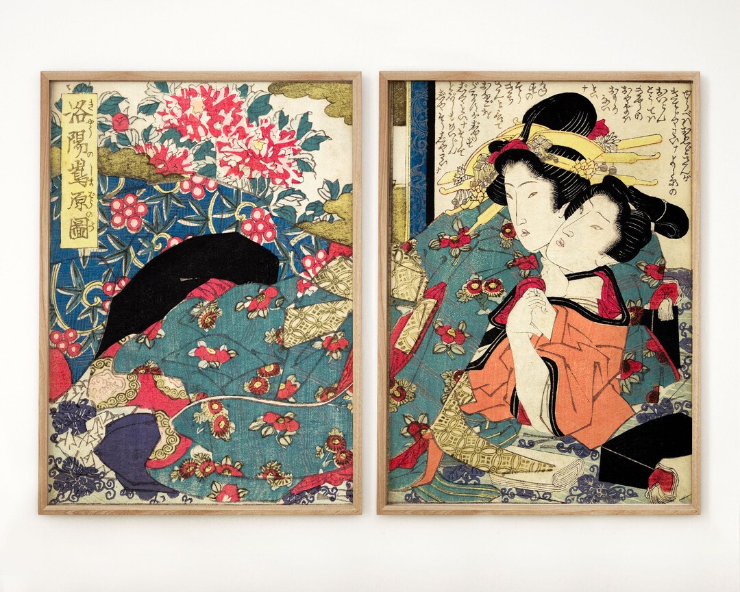 Set of 2 Print Gallery Wall Art, Vintage Japanese Art, Geisha in Blue ...