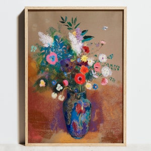 Arte de pared floral, ramo en jarrón de Odilon Redon, arte de impresionismo vintage, decoración azul roja, cartel retro de flores, idea de regalo de Navidad