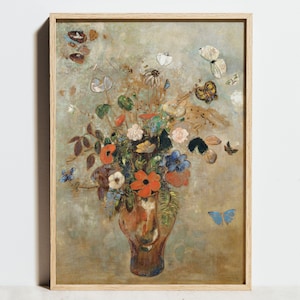 Impresión de Odilon Redon, arte floral de la pared, jarrón de flores, cartel de mariposas, pintura impresionista vintage decoración de la vida de verano, idea de regalo de boda