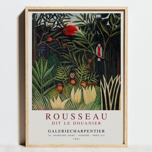 Affen und Papagei im Urwald, Henri Rousseau Print, Museumsausstellung Poster, tropische Blätter, botanische Tiere Vintage Wandkunst
