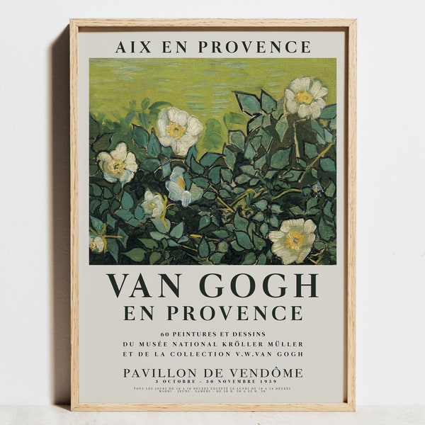 Van Gogh Print, Wild Roses Exhibition Poster, Vintage Sage Green Floral Wall Art, Classic Impressionism Painting Decor,Birthday Wedding Gift