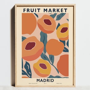 Impresión del mercado de flores, cartel geométrico abstracto de frutas, decoración de pared rosa naranja, boceto plano moderno de mediados de siglo, arte neutral boho, idea de regalo