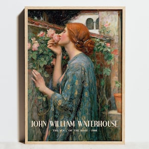 Lámina de John William Waterhouse, póster de la exposición "El alma de la rosa", arte mural floral vintage, pintura clásica en verde salvia, decoración para dormitorio de niña.