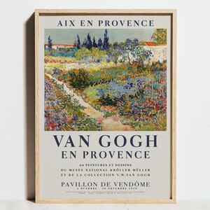 Peut inclure: Une affiche vintage annon&ccedil;ant une exposition de 60 peintures et dessins de Vincent van Gogh. L'affiche pr&eacute;sente une peinture d'un jardin avec un chemin qui le traverse. Le texte sur l'affiche indique "Aix en Provence, Van Gogh en Provence, 60 Peintures et Dessins du Mus&eacute;e National Kr&ouml;ller M&uuml;ller et de la Collection V.W. Van Gogh, Pavillon de Vend&ocirc;me, 3 Octobre - 30 Novembre 1959."
