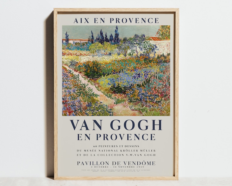 Peut inclure: Une affiche vintage annon&ccedil;ant une exposition de 60 peintures et dessins de Vincent van Gogh. L'affiche pr&eacute;sente une peinture d'un jardin avec un chemin qui le traverse. Le texte sur l'affiche indique "Aix en Provence, Van Gogh en Provence, 60 Peintures et Dessins du Mus&eacute;e National Kr&ouml;ller M&uuml;ller et de la Collection V.W. Van Gogh, Pavillon de Vend&ocirc;me, 3 Octobre - 30 Novembre 1959."