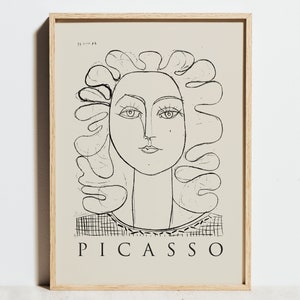 Pablo Picasso Tentoonstelling Poster, Face Line Drawing Print, Vrouw Lithografie, Minimalistische Abstracte Beige Wall Art, Boho Sketch Decor, Cadeau Idee