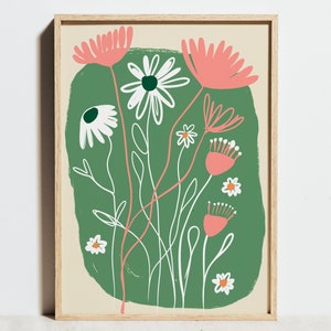 Impresión del mercado de flores, arte floral de la pared, cartel rosa, amapola abstracta verde salvia, decoración de primavera de vida moderna, boceto de línea boho, regalo de cumpleaños