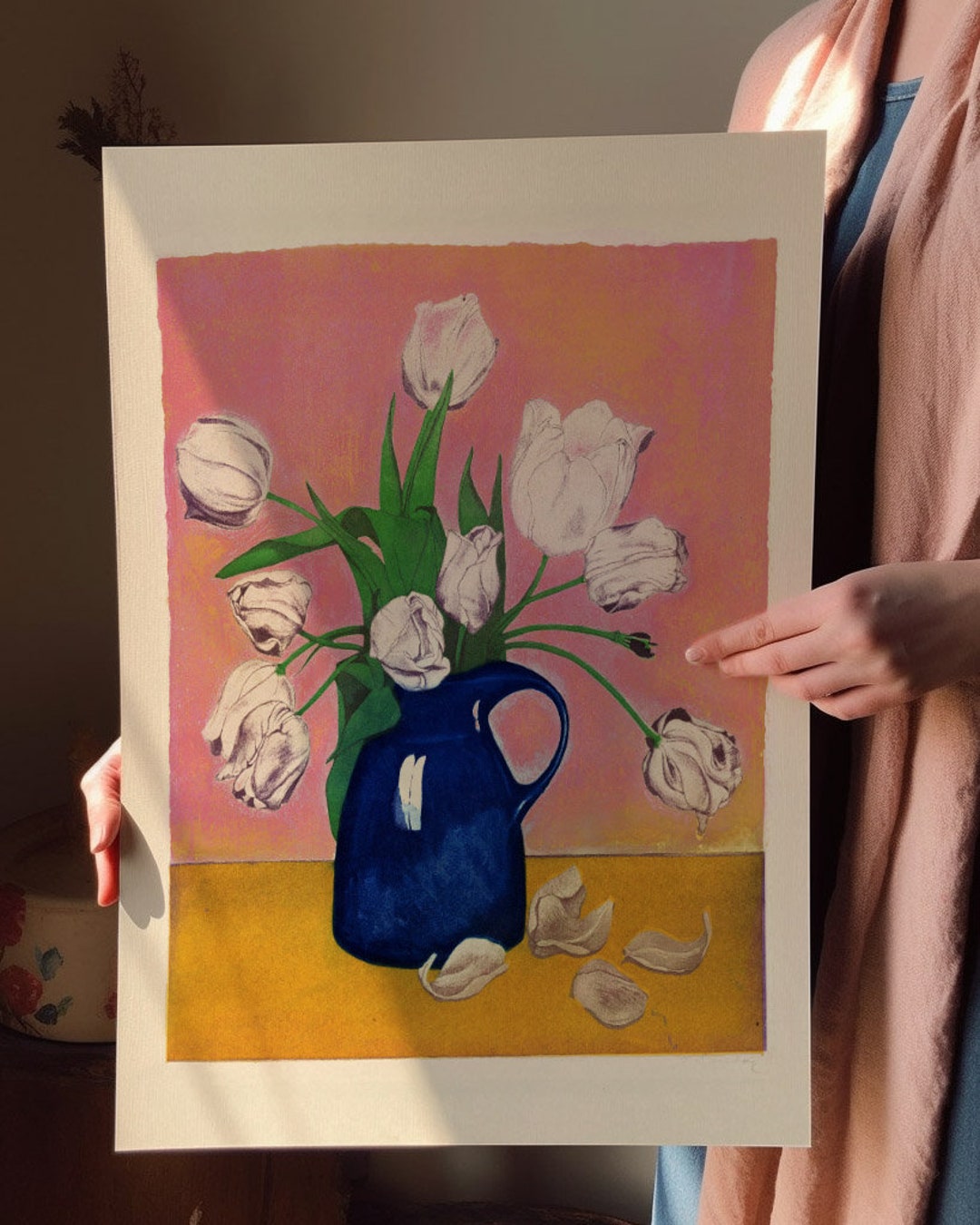 Floral Still Life Art Print, Vintage Tulip Vase Poster, Pink Wall Art ...