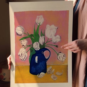 Impresión artística de naturaleza muerta floral, póster de jarrón de tulipanes vintage, arte de pared rosa, decoración boho, cocina moderna abstracta de color azul y naranja, regalo de boda