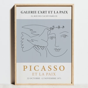 Pablo Picasso print, vredesduif lithografie tentoonstelling poster, abstracte vrouw lijn schets tekening modern decor, blauwe muur kunst, verjaardagscadeau