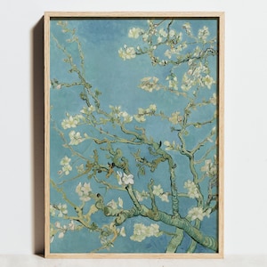 May include: A painting of a blooming almond tree with white flowers against a blue sky. The branches are painted in a thick, textured style, characteristic of the artist.