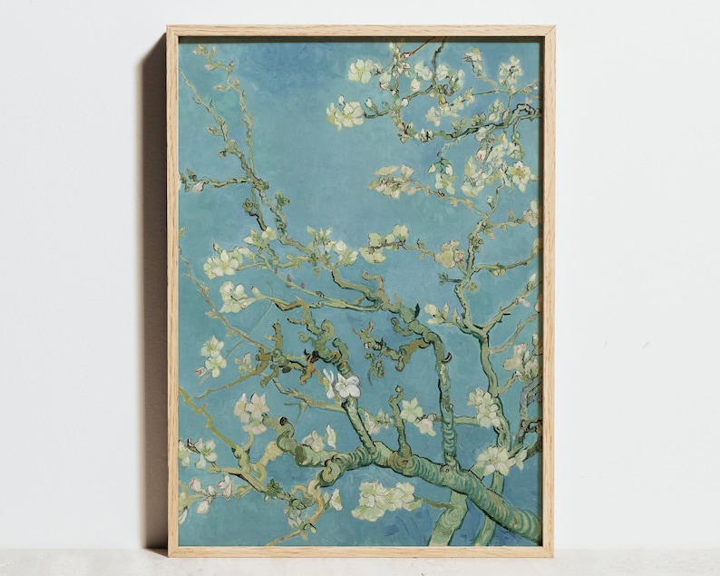 May include: A painting of a blooming almond tree with white flowers against a blue sky. The branches are painted in a thick, textured style, characteristic of the artist.