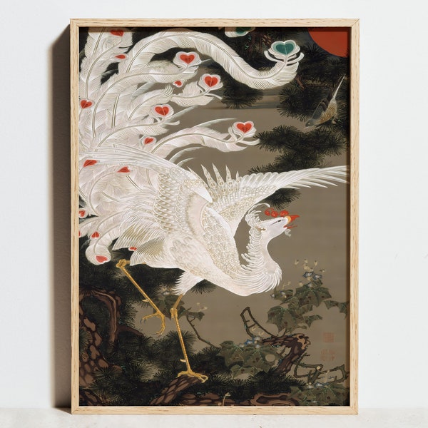 Impression d’Art japonais, affiche vintage White Phoenix, Ito Jakuchu, Art mural asiatique noir Beige gravure sur bois, décor d’oiseau de paon Ukiyo-e, idée cadeau