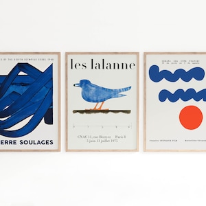 Bauhaus Print, 3er Set Galerie Wandkunst, Les Lalanne, Soulages, Geometrisches Poster, Abstrakt Blauer Vogel, Mid Century Modern,Geschenk für Ihn