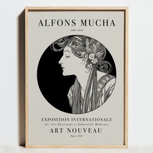 Alphonse Mucha Print, Mucha Ausstellung Poster, Vintage Schwarz Weiß Dekor, Jugendstil, Retro Wandkunst, Frau Portrait Strichzeichnung, Geschenkidee