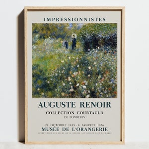 Peut inclure: Une affiche vintage annon&ccedil;ant une exposition d'art impressionniste pr&eacute;sentant une peinture d'Auguste Renoir. L'affiche est beige avec du texte bleu et noir. Le texte indique "Impressionnistes", "Auguste Renoir", "Collection Courtauld de Londres", "28 Octobre 1955 - 8 Janvier 1956", "Mus&eacute;e de l'Orangerie", et "Ouvert tous les jours de 10 heures &agrave; 17 heures sauf le mardi".