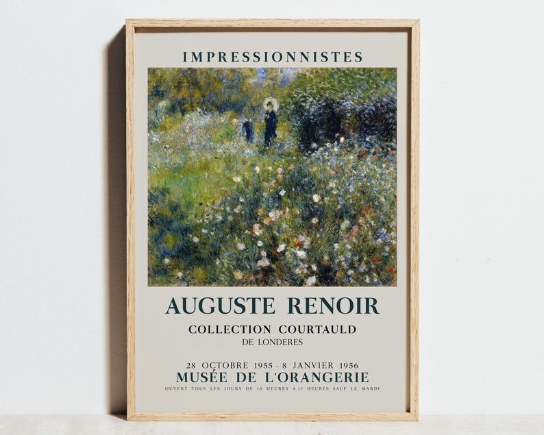 Peut inclure: Une affiche vintage annon&ccedil;ant une exposition d'art impressionniste pr&eacute;sentant une peinture d'Auguste Renoir. L'affiche est beige avec du texte bleu et noir. Le texte indique "Impressionnistes", "Auguste Renoir", "Collection Courtauld de Londres", "28 Octobre 1955 - 8 Janvier 1956", "Mus&eacute;e de l'Orangerie", et "Ouvert tous les jours de 10 heures &agrave; 17 heures sauf le mardi".