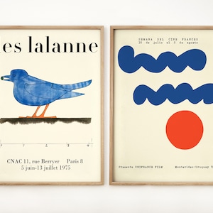Conjunto de 2 impresiones Bauhaus, arte mural de galería, póster de la exposición Les Lalanne Blue Bird, decoración abstracta geométrica, estilo moderno de mediados de siglo, idea de regalo