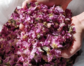 Capullos y pétalos de rosa damascena búlgara secos naturales a granel para cosméticos, popurrí, bodas, confeti y decoraciones para baby shower.